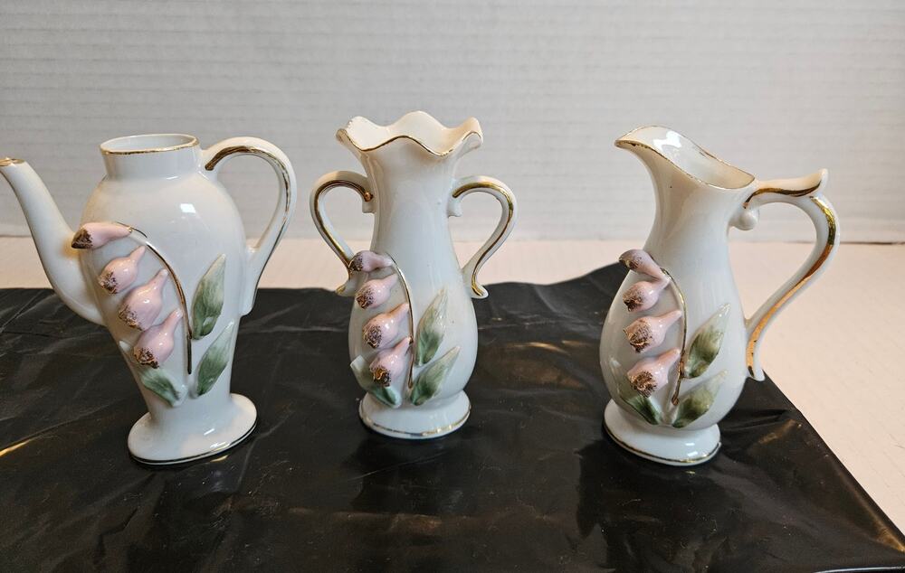 Vintage Ucago China Japan  3 Mini Vases white gold trim pink floral 4.5" tall